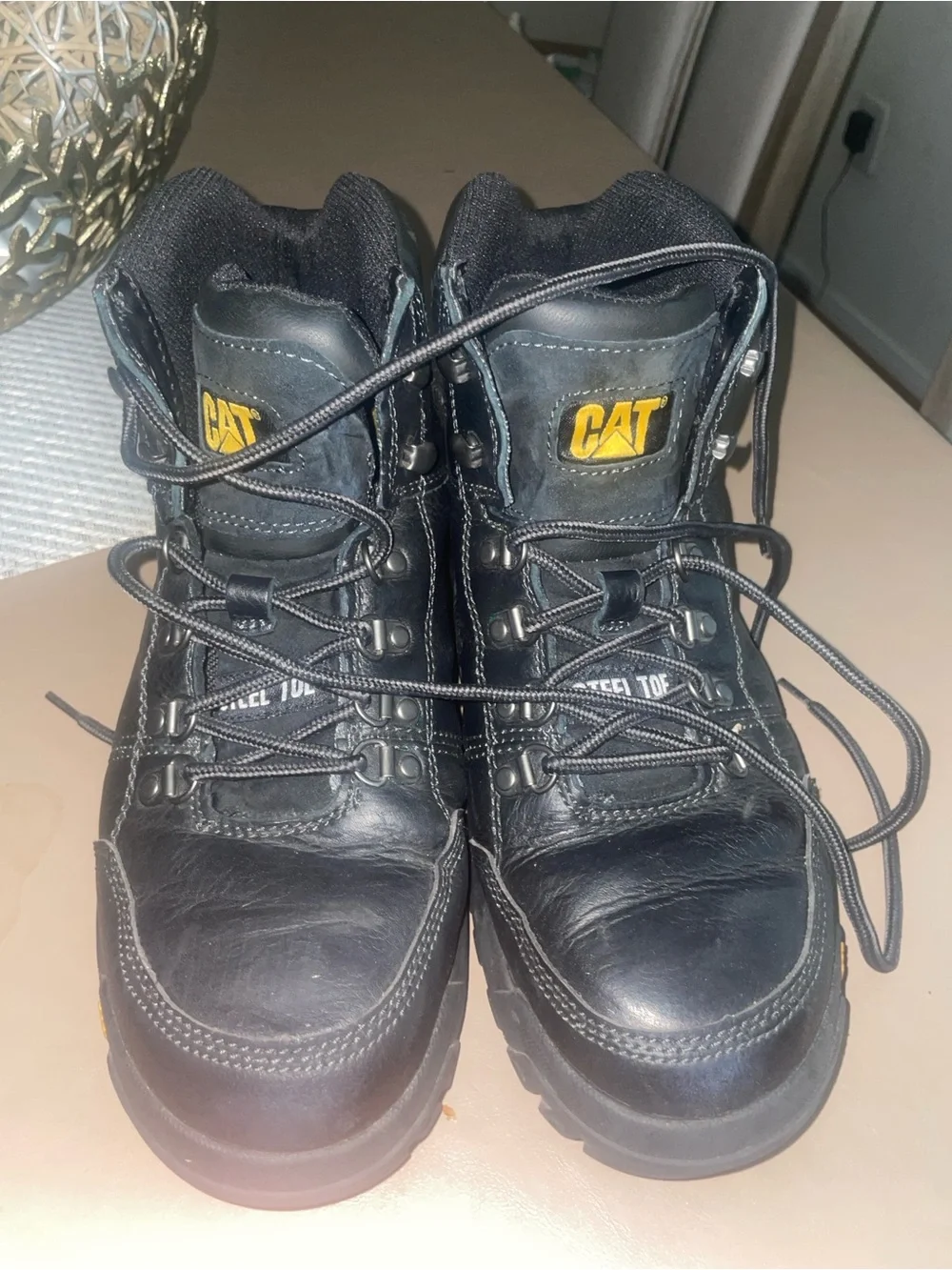 Caterpillar Black Leather Lace-Up Work Boots with Yellow Accents